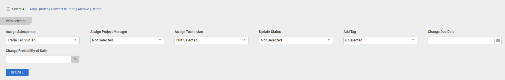 A screenshot of the footer options available beneath the quotes tables.